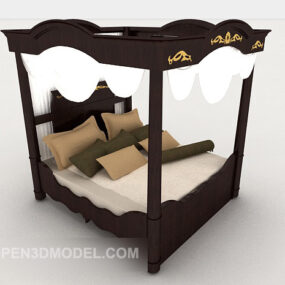 Vintage Wood Brown Double Bed 3d model