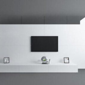Parede de fundo branco com modelo 3d de gabinete de TV