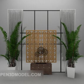 White Curtains Furniture With Potted Plant 3d model