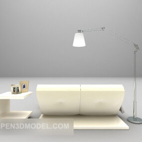 White Double Bed With Floor Lamp 3d model