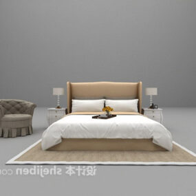 تخت دو نفره سفید با فرش قهوه ای مدل سه بعدی