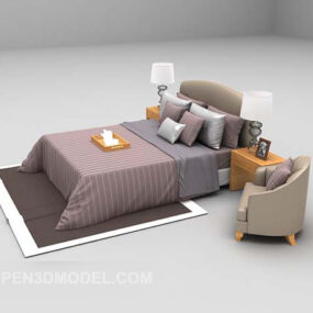 Weißes modernes Bett, lila Teppich, 3D-Modell