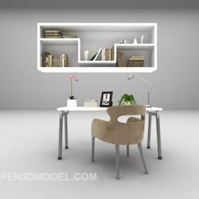 白色现代桌椅带书架3d模型