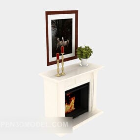 White Stone Fireplace With Painting Decor 3d model