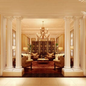 3д модель интерьера большой гостиной и холла