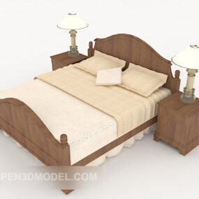 नाइटस्टैंड और लैंप के साथ लकड़ी का बिस्तर 3डी मॉडल
