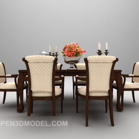 Elegant Retro Wood Brown Dining Table Chair 3d model