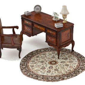 Wood Desk Chair With Round Carpet 3d model