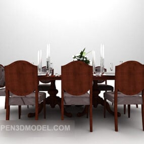 Elegant Wood Dining Table Chairs Furniture 3d model