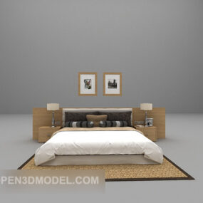 เตียงไม้เตียงคู่โมเดล 3 มิติหลังไม้