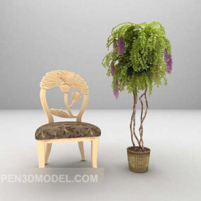 Wood Home Chair With Plant Potted 3d model