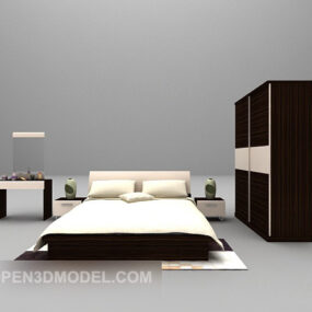Wood Low Bed With Cabinet 3d model