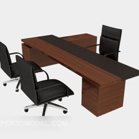 Drewniane proste biurko i krzesła Model 3D