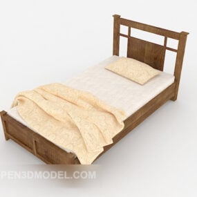 Wood Single Bed With Pillow Blanket 3d model