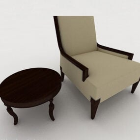 Sofá individual de madeira e pequena mesa redonda Modelo 3D