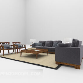 3д модель дивана с деревянной обивкой из серой ткани