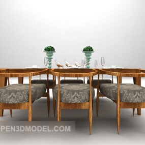 Wood Table And Chairs Large Set 3d model
