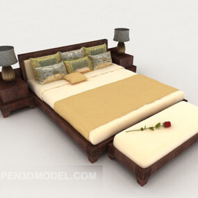 Model 3d Tempat Tidur Ganda Sederhana Kuning Hangat dari Kayu