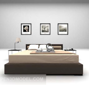 تخت چوبی کوئین سایز با قاب عکس مدل سه بعدی