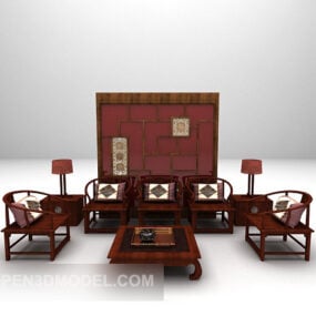 中式实木沙发桌套装3D模型