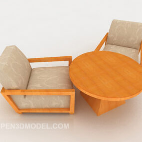 Ensemble de chaises de table en bois simple jaune orange modèle 3D