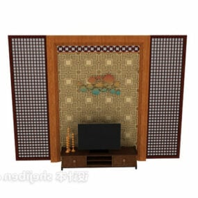 Modelo 3d de pared de TV con pantalla tallada de estilo chino