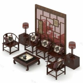 Chinese Table And Chair With Screen 3d model