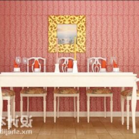 طاولة طعام وكرسي أبيض أوروبي نموذج ثلاثي الأبعاد