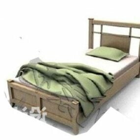 Wooden Bed Green Blanket 3d model