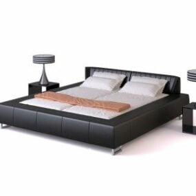 Modern Leather Bed With Nightstand 3d model