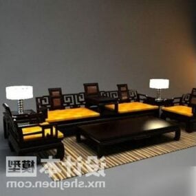 Kinesisk snideri trä soffbord och lampa 3d-modell