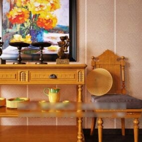 Console Table And Chair Yellow Wooden V1 3d model