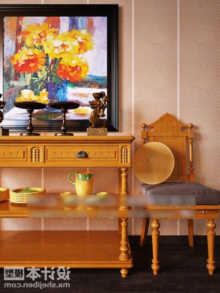 Console Table And Chair Yellow Wooden V1