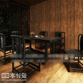 Mørkt tre spisebord og stol V1 3d-modell