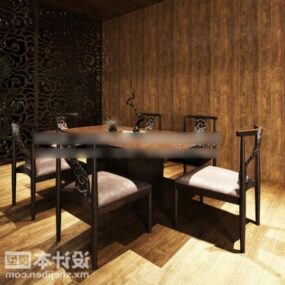 仿古深色木质餐桌椅3d模型