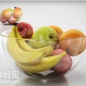 Tigela de vidro com frutas, maçã e banana Modelo 3d