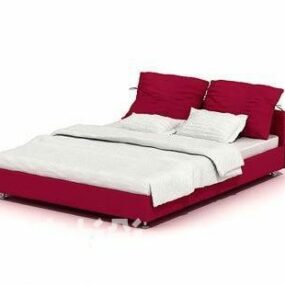 เตียงคู่สีแดงพร้อมที่นอนสีขาวแบบ 3 มิติ
