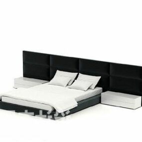 مدل سه بعدی تخت دو نفره با دیوار پشتی مشکی و میز خواب