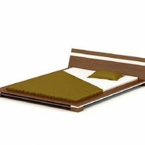 Low Double Bed Wooden Frame 3d model