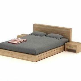 Wooden Double Bed Grey Mattress 3d model