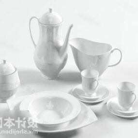 โมเดล 3 มิติหม้อชาและถ้วยบนโต๊ะอาหาร
