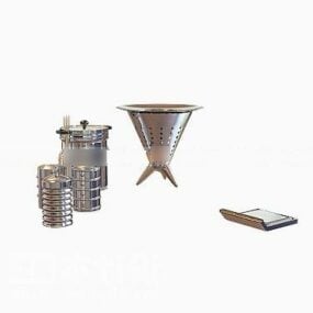 Küchenutensilien, silberne Schüssel und Tasse, 3D-Modell