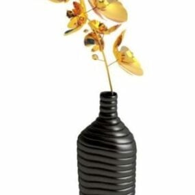 Schwarzer Topf mit goldener Pflanzendekoration, 3D-Modell