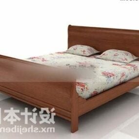 Brown Wood Double Bed With Mattress 3d model
