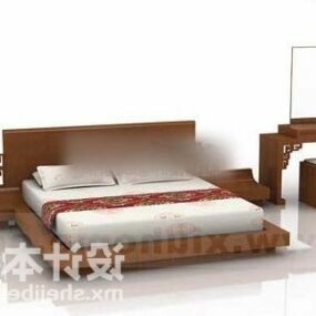 Cama de casal asiática de madeira com mesa de cabeceira modelo 3D
