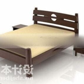 Lit double en bois marron avec table de chevet modèle 3D