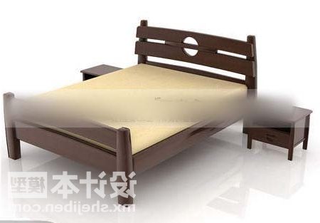Двуспальная кровать из коричневого дерева с тумбочкой
