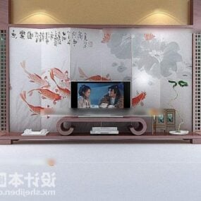 Τηλεόραση φόντο τοίχο με κινεζική ζωγραφική τρισδιάστατο μοντέλο