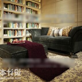 Mesa de sofá de terciopelo vintage en la sala de lectura modelo 3d