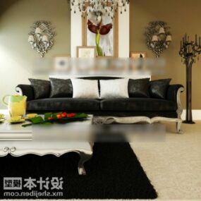 Black Leather Sofa With Table 3d model